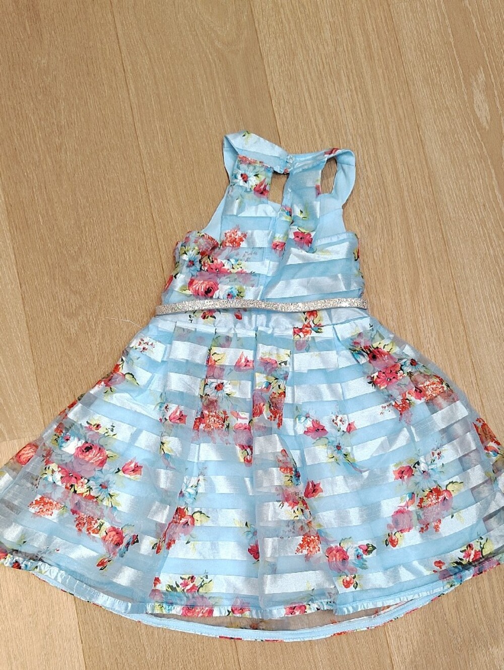 Beautees Blue Floral Stripe Party Dress with Glitter Belt